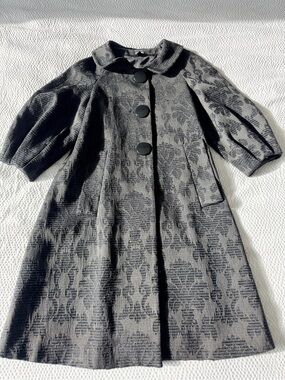 Black Jacquard Peter Pan Collar Button-Front Dress Coat Vintage Style 3/4 Sleeve